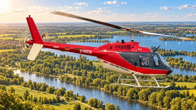 Roter Helikopter D-HSTA über einer flachen Seen- und Auwaldlandschaft – KI-Motiv