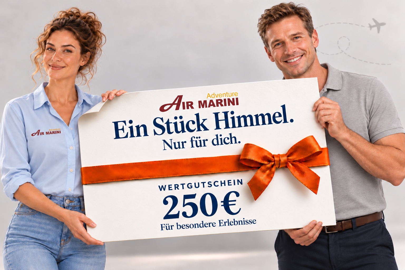 250-Euro-Wertgutschein von Air Marini Adventure mit orangefarbener Schleife