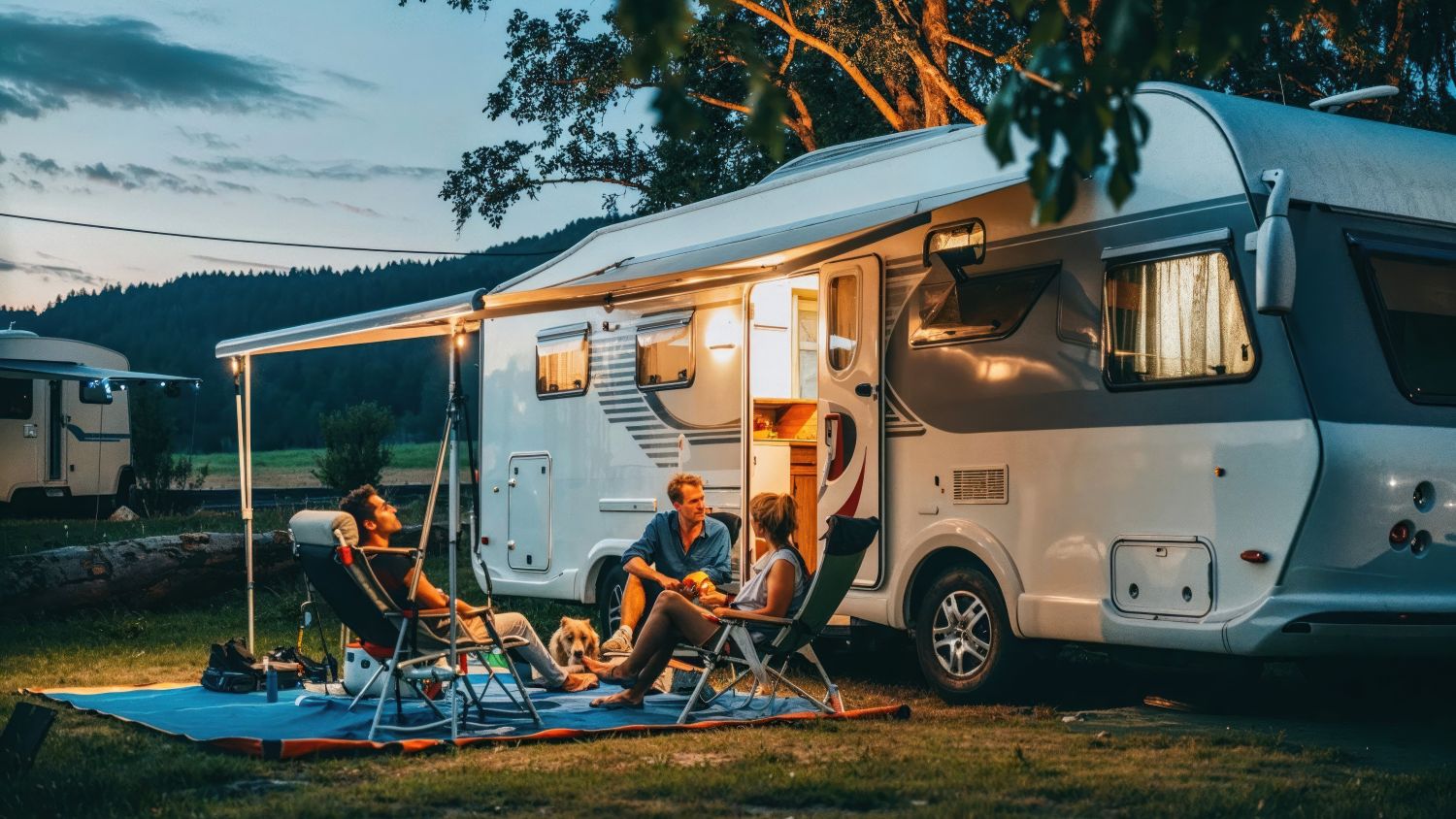 Camping auf dem Flugplatz Taucha – naturnah, echt und unvergesslich mit Nomady Drei Personen genießen einen entspannten Abend vor einem Wohnwagen, umgeben von Natur und unter einem aufgespannten Sonnensegel.