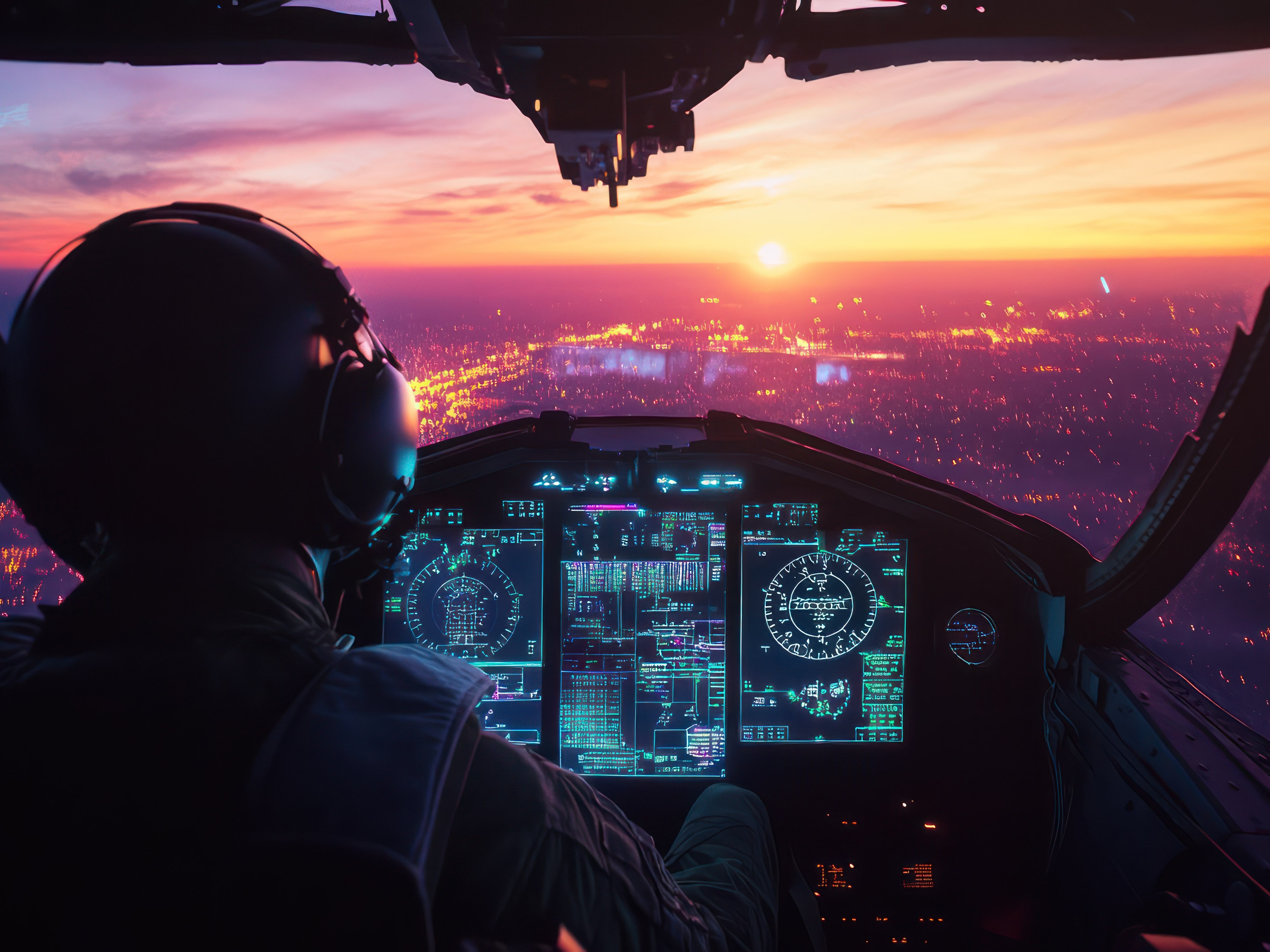 Ein Pilot sitzt im Cockpit eines Flugzeugs und schaut auf die leuchtenden Instrumente, während die Sonne über einer Stadt untergeht.