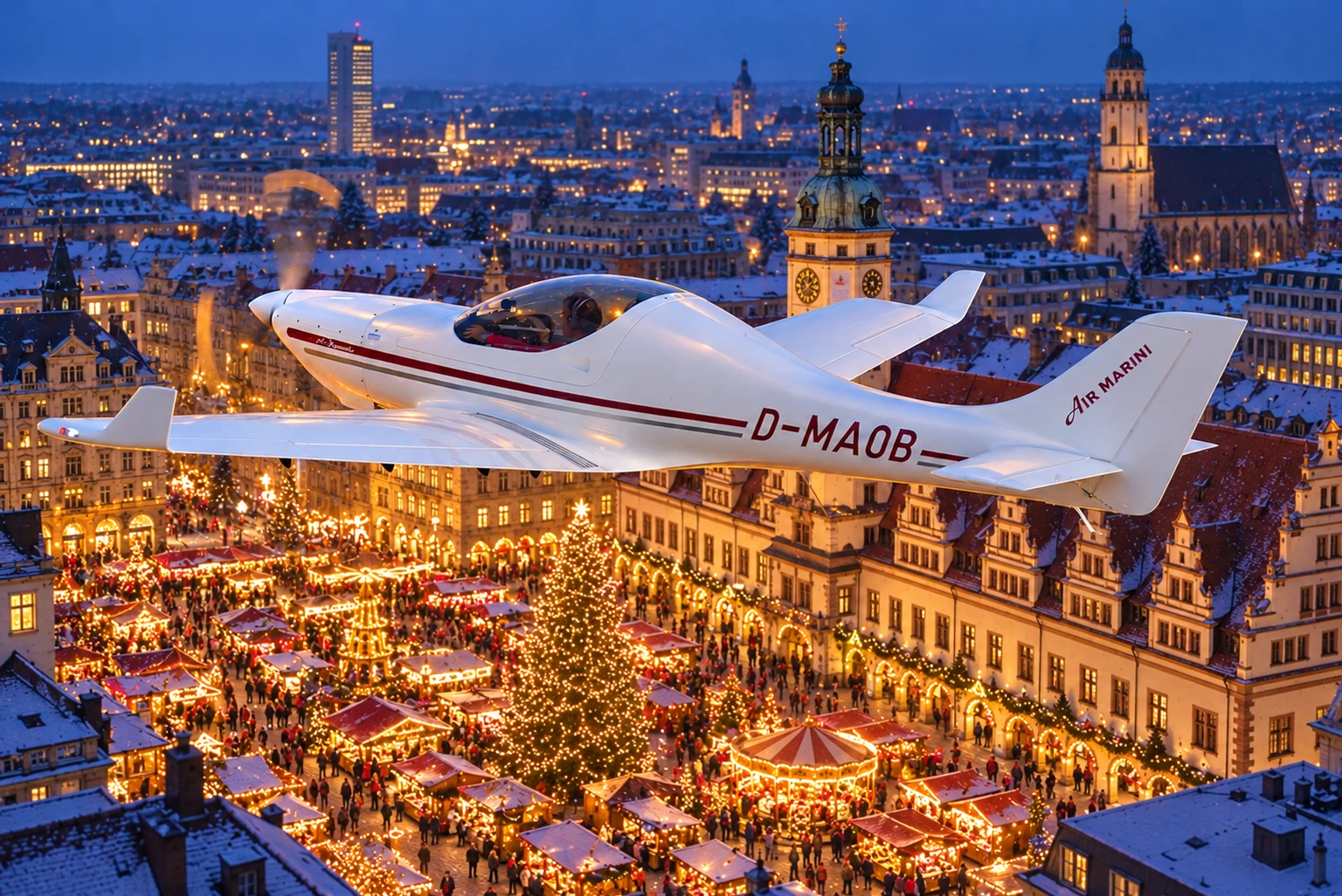 Weihnachtsangebot von Air Marini: Flugzeug über dem Leipziger Weihnachtsmarkt – gestaltetes Aktionsmotiv