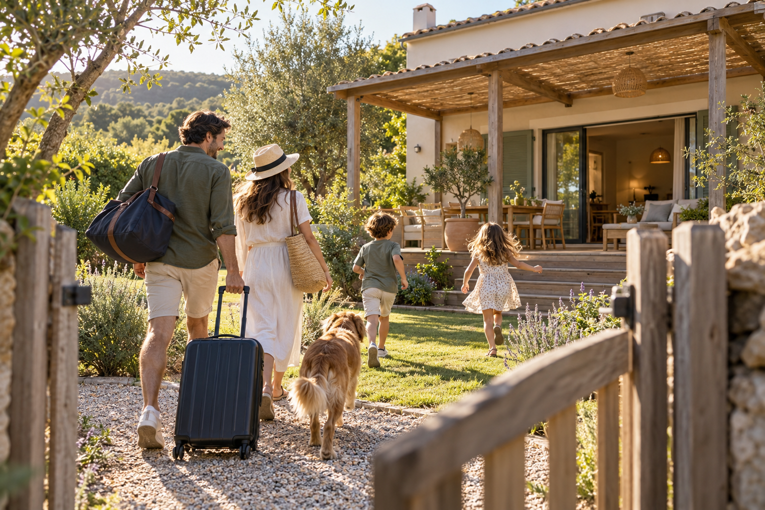 Familie mit Hund kommt am Ferienhaus an – KI-Motiv