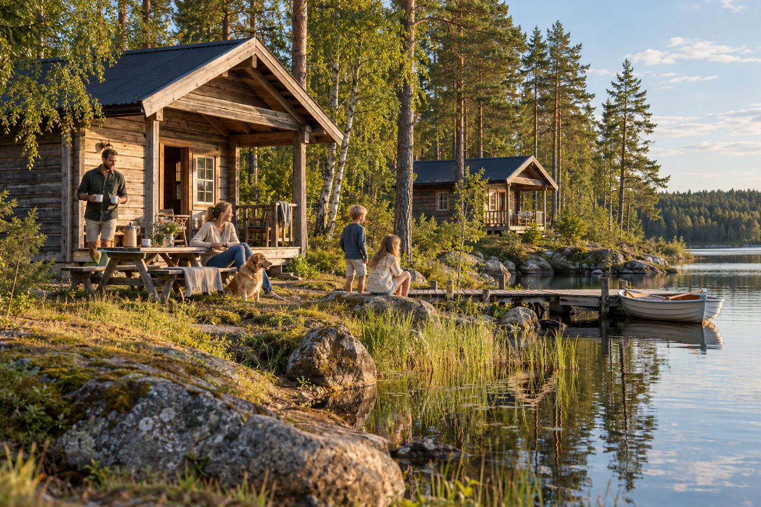 Familie mit Hund bei zwei einfachen rustikalen Holzhütten an einem See – KI-generiertes Urlaubsmotiv