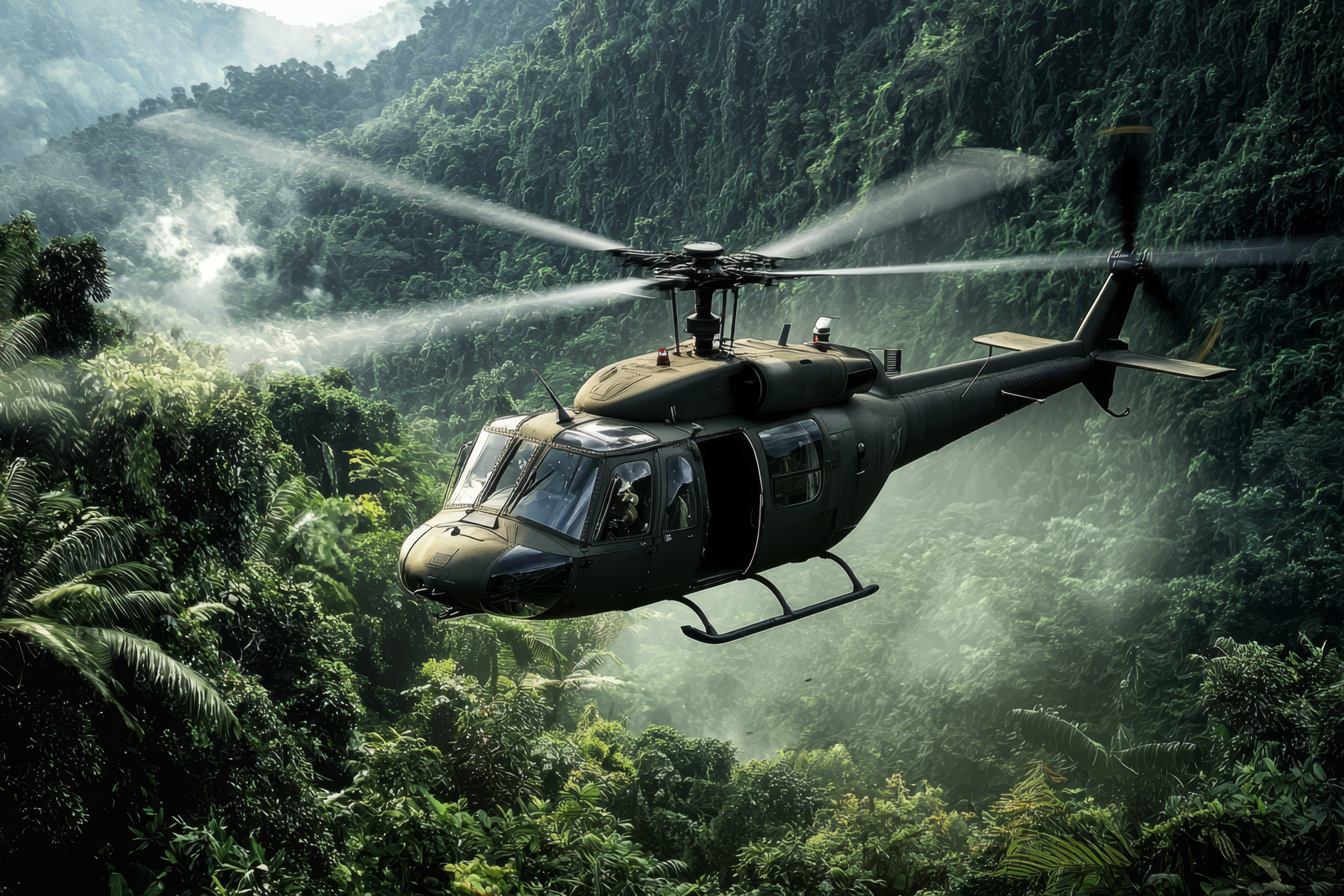 Ein Militärhubschrauber in Aktion über einem üppigen, grünen Dschungel