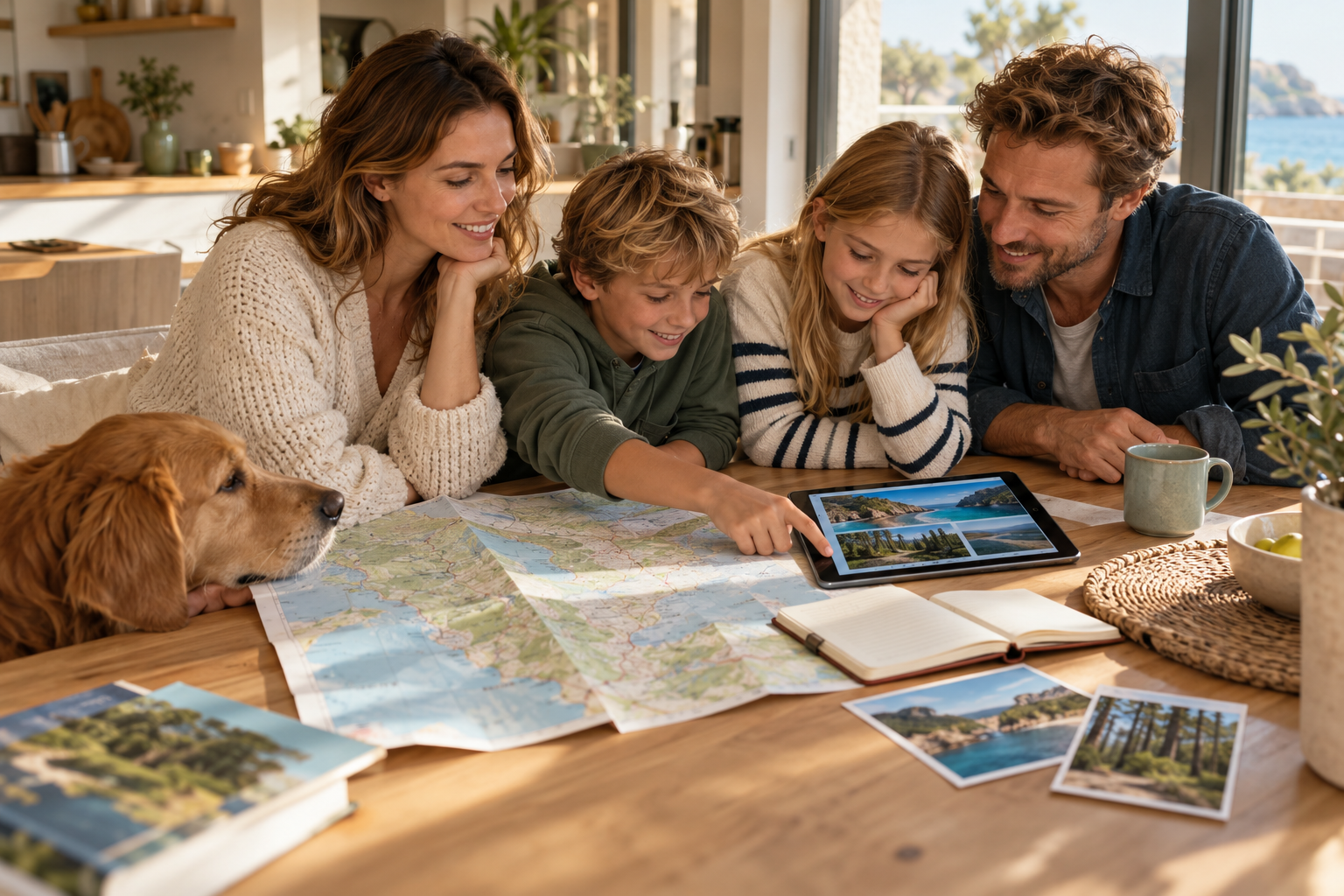 Familie mit Hund plant gemeinsam ihren Urlaub – KI-Motiv