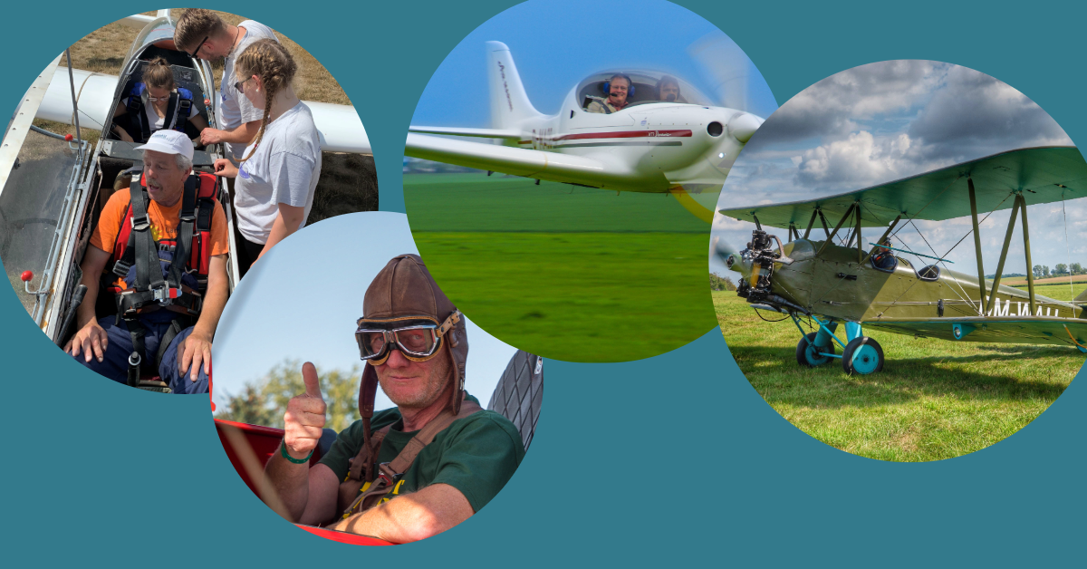 Flugplatzfest 2025 Flugplatz Taucha Collage mit Segelflugzeug, Leichtflugzeug, Doppeldecker und Pilot in Fliegermontur