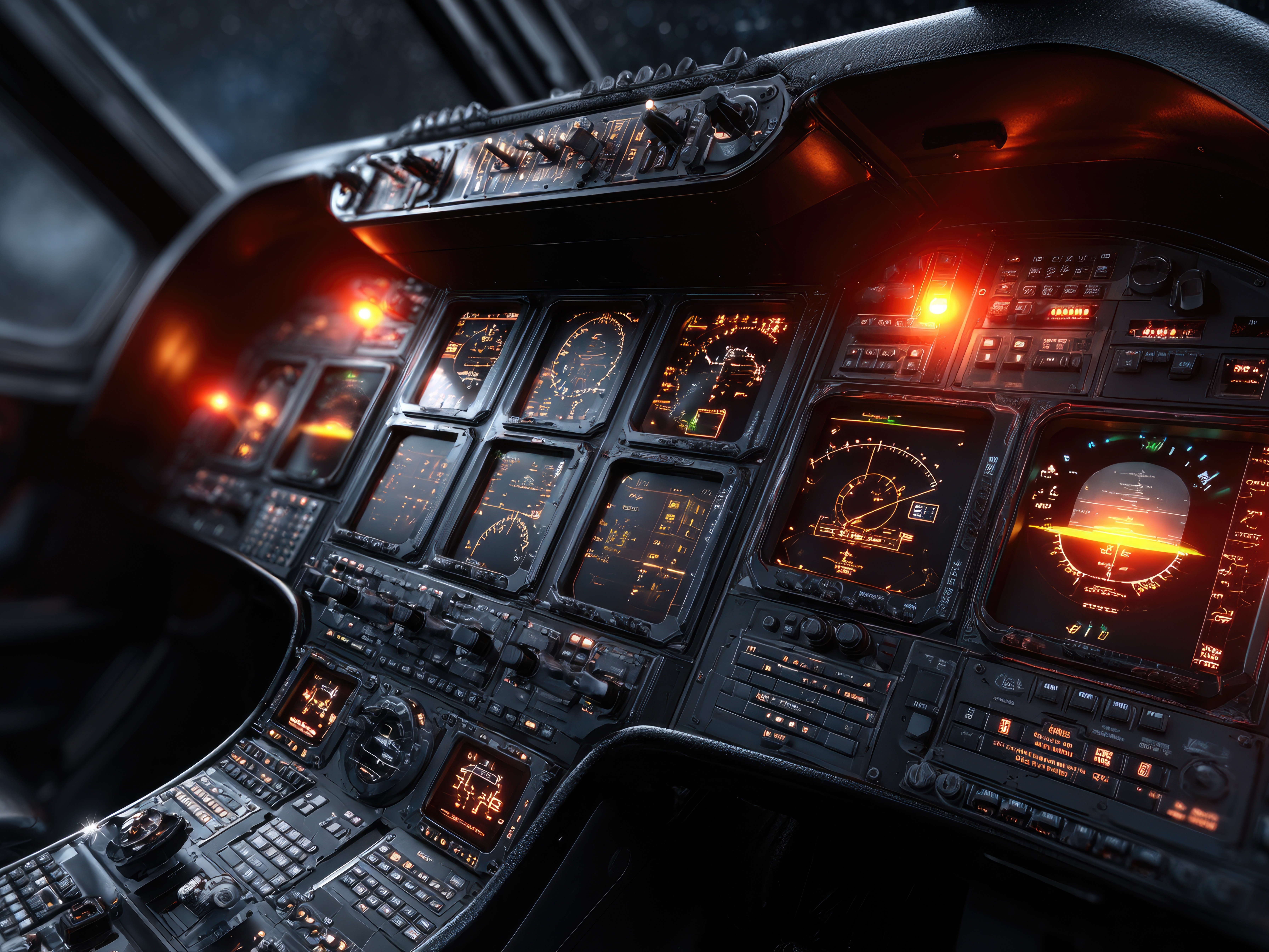 Beleuchtetes Cockpit eines Flugzeugs bei Nacht mit zahlreichen Anzeigen und Schaltflächen