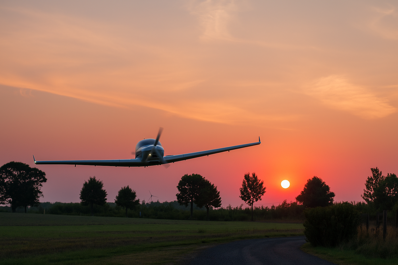 Ein Flugzeug fliegt bei Sonnenuntergang über einen ländlichen Weg mit Bäumen im Hintergrund.