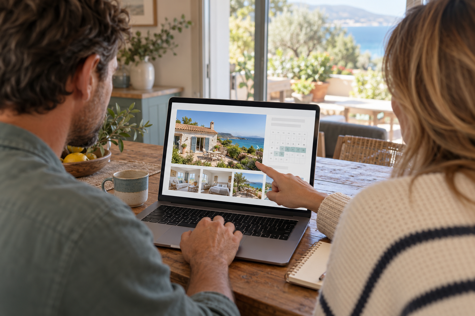 Paar vergleicht Ferienhäuser am Laptop – KI-Motiv