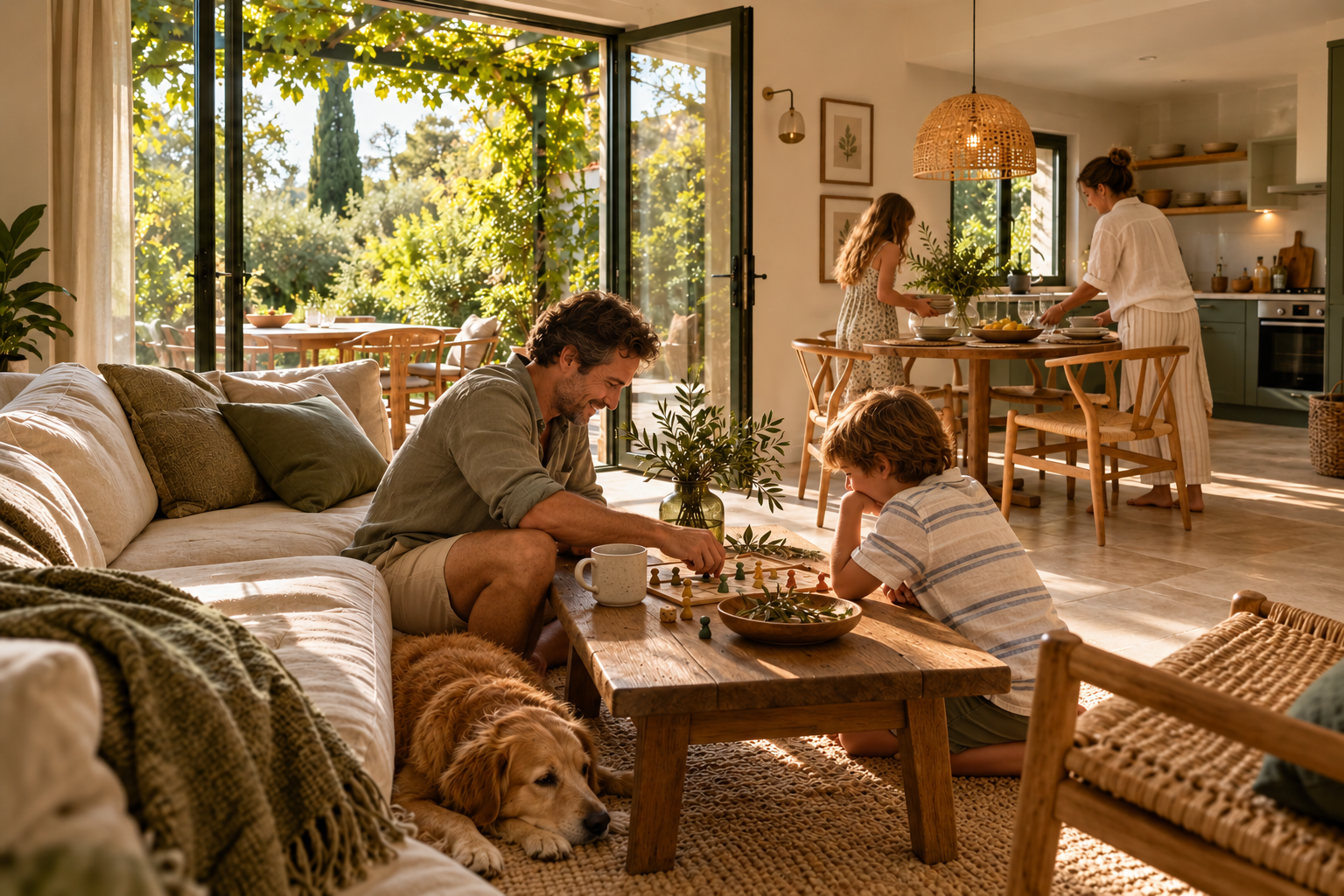 Familie und Hund genießen gemeinsame Zeit im gemütlichen Ferienhaus – KI-Motiv